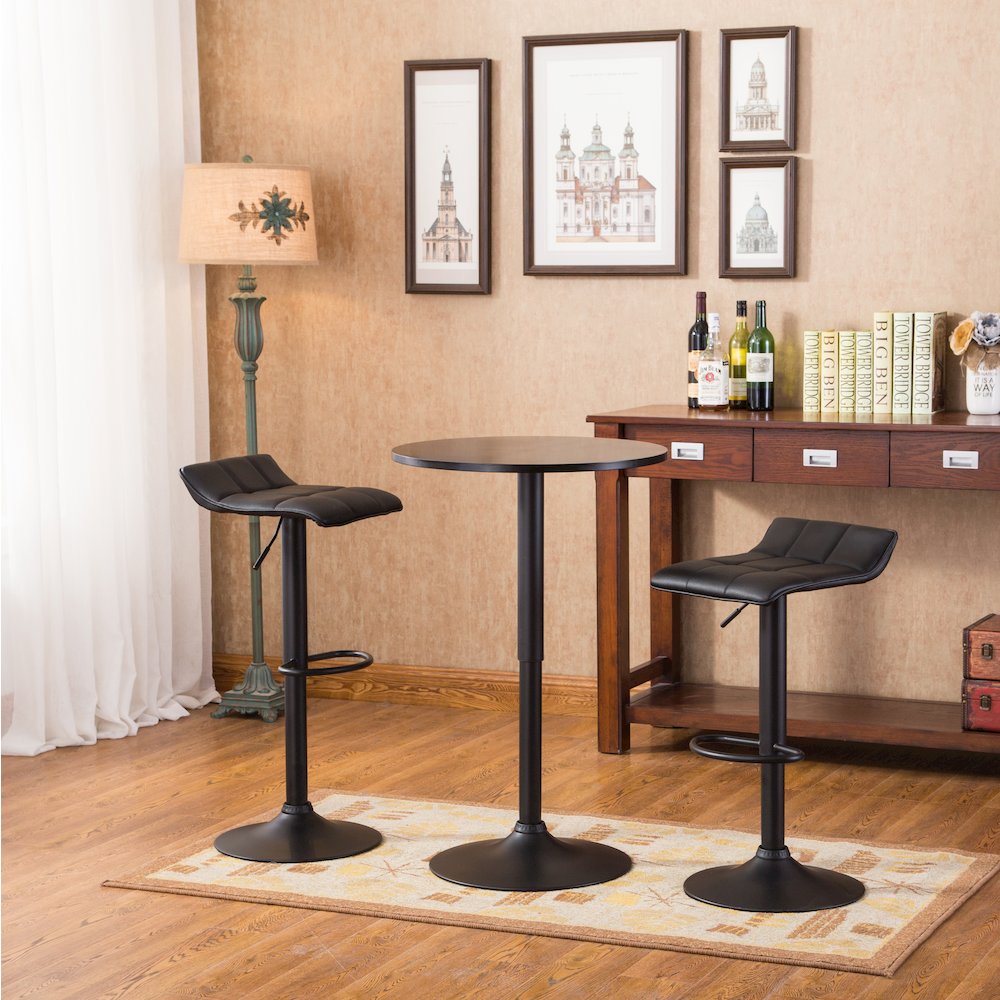 Belham Round Adjustable Bar Table and 2 Swivel Adjustable Bar Stools, Black. Picture 3