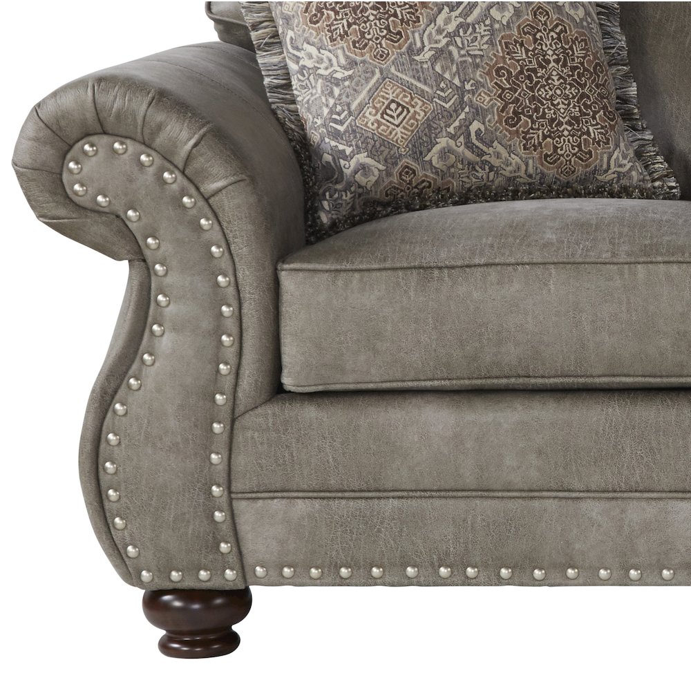 Leinster Faux Leather Upholstered Nailhead Loveseat in Stone Gray. Picture 6