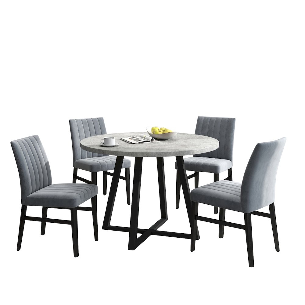 Edo 5-Piece Dining Set, Round Trestle Table and 4 Upholstered Chairs, Gray. Picture 1