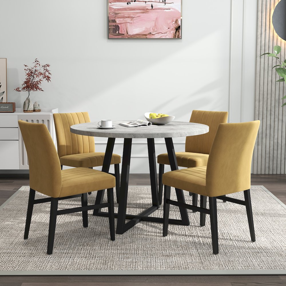 Edo 5-Piece Dining Set, Round Trestle Table and 4 Chairs, Gray and Yellow. Picture 4