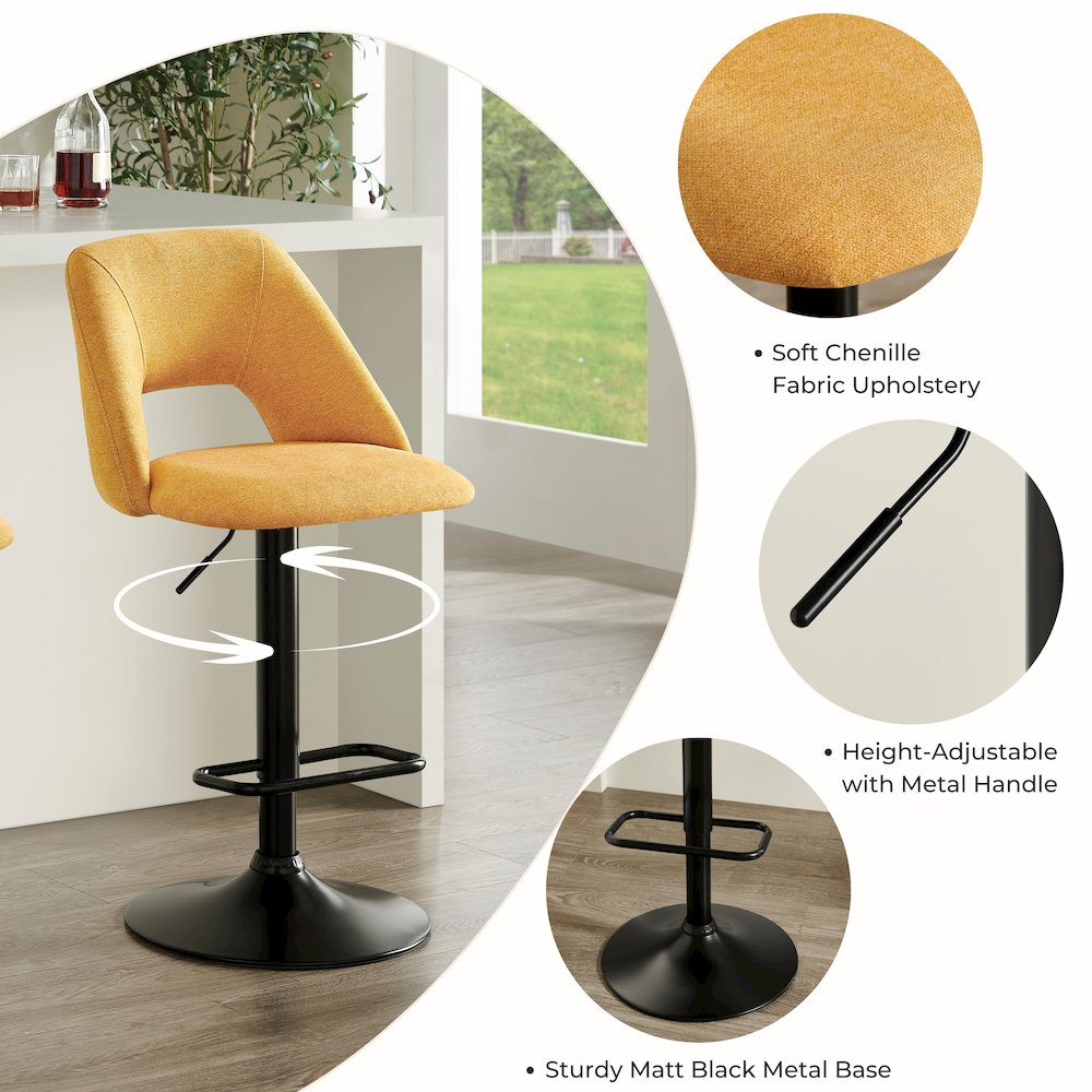 Nuvia Contemporary Adjustable Barstool with Upholstered Swivel Seats, Set of 2. Picture 9