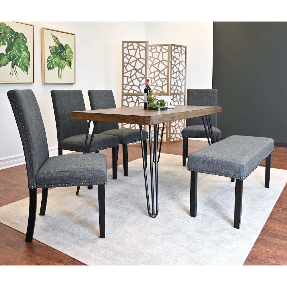 Amisos 6-Pc Dining Set, Hairpin Dining Table with 4 Chairs and Bench, Gray. Picture 3