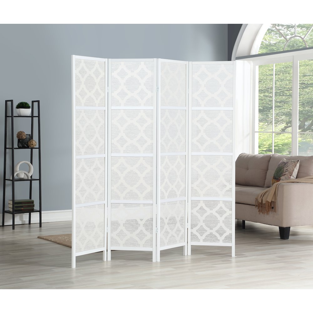 Quarterfoil infused Diamond Design 4-Panel Room Divider, White. Picture 3