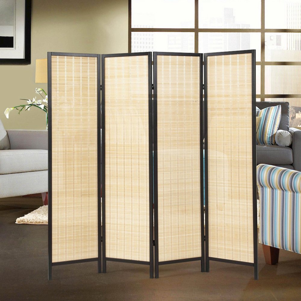Inkwell 4-Panel Bamboo Room Divider, Folding Screen, Natural with Black Frame. Picture 2