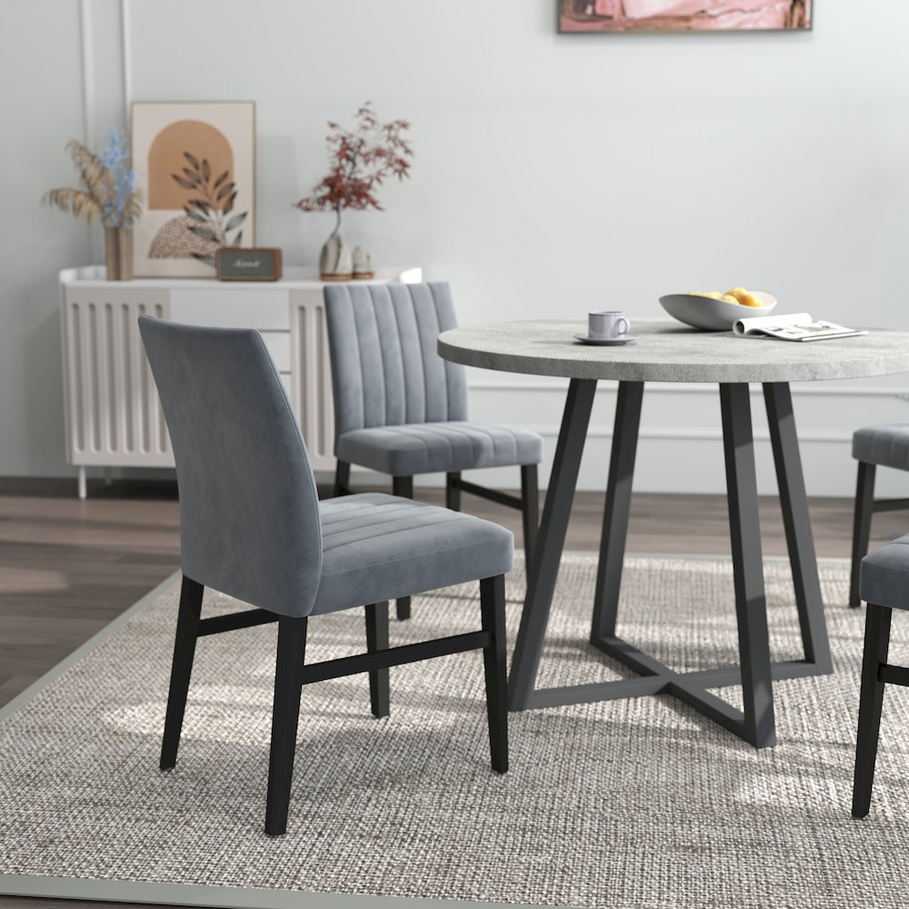 Edo 5-Piece Dining Set, Round Trestle Table and 4 Upholstered Chairs, Gray. Picture 8