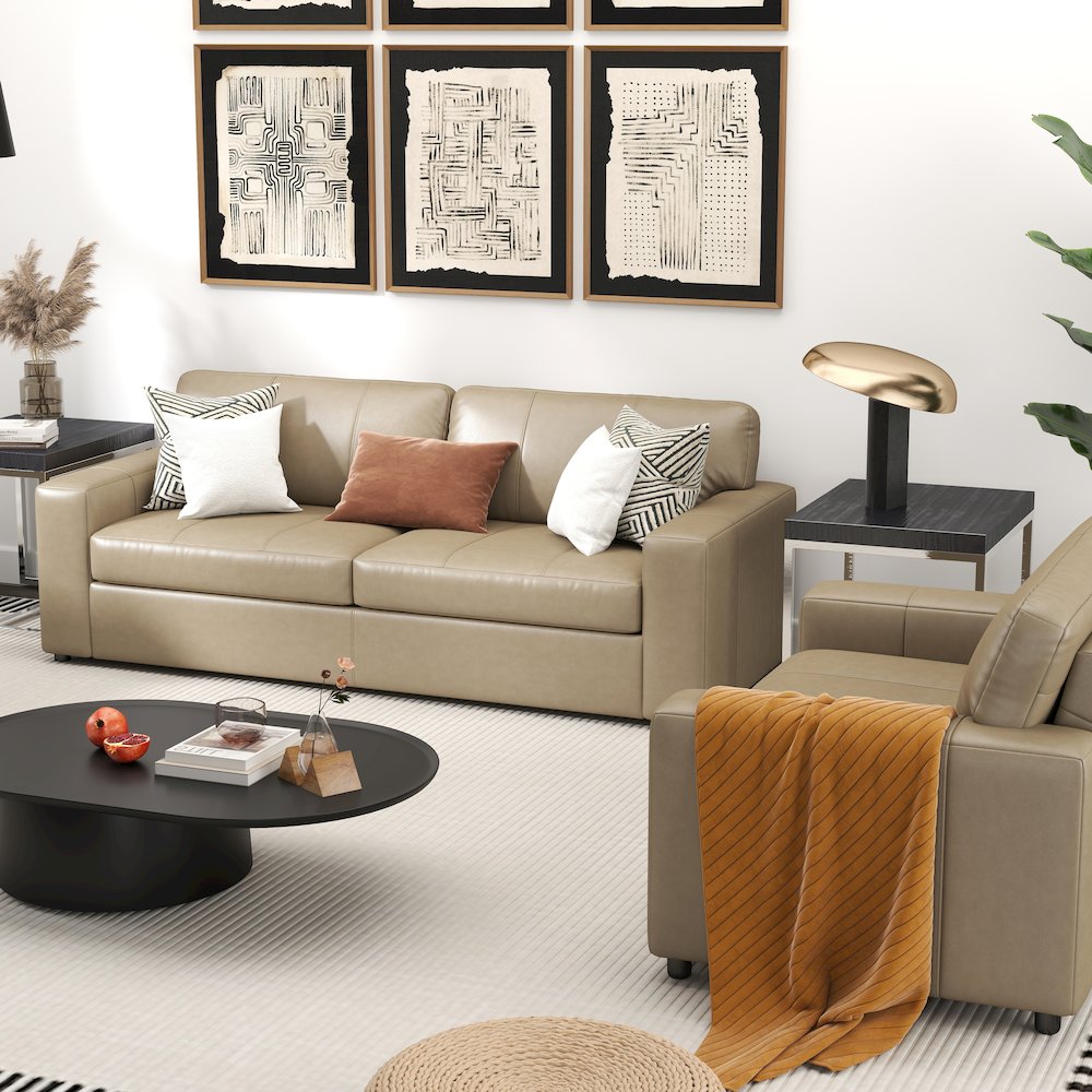 Sakan Leather Upholstered 3-Piece Living Room Set, Sofa and 2 Cutler Chairs. Picture 4