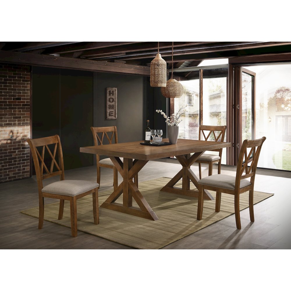 Enna Morden Farmhouse Wood 5-Piece Trestle Dining Set, Brushed Driftwood Finish. Picture 2