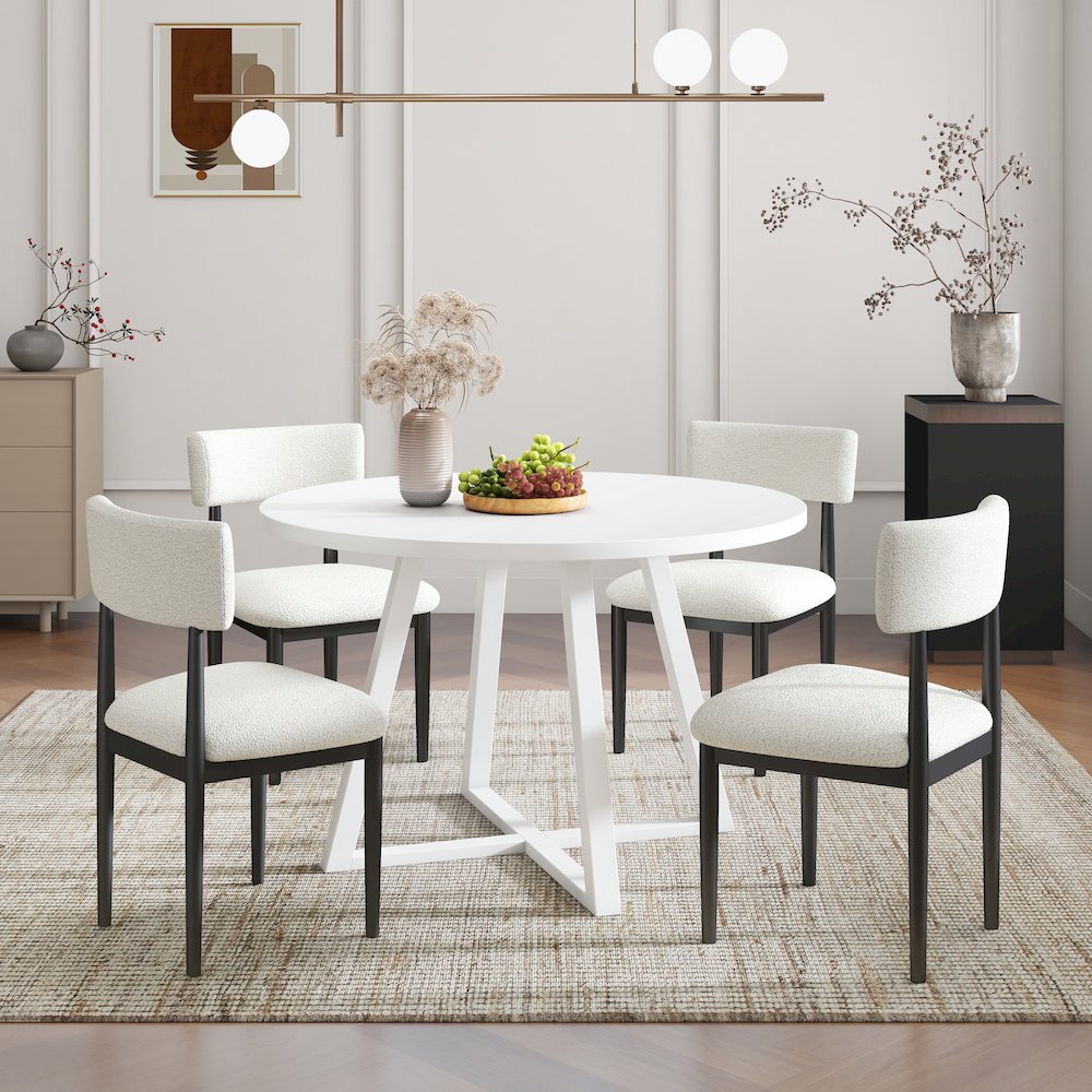 Edo 5-Piece Dining Set, Round Trestle Table and 4 Chairs, White and Black. Picture 2