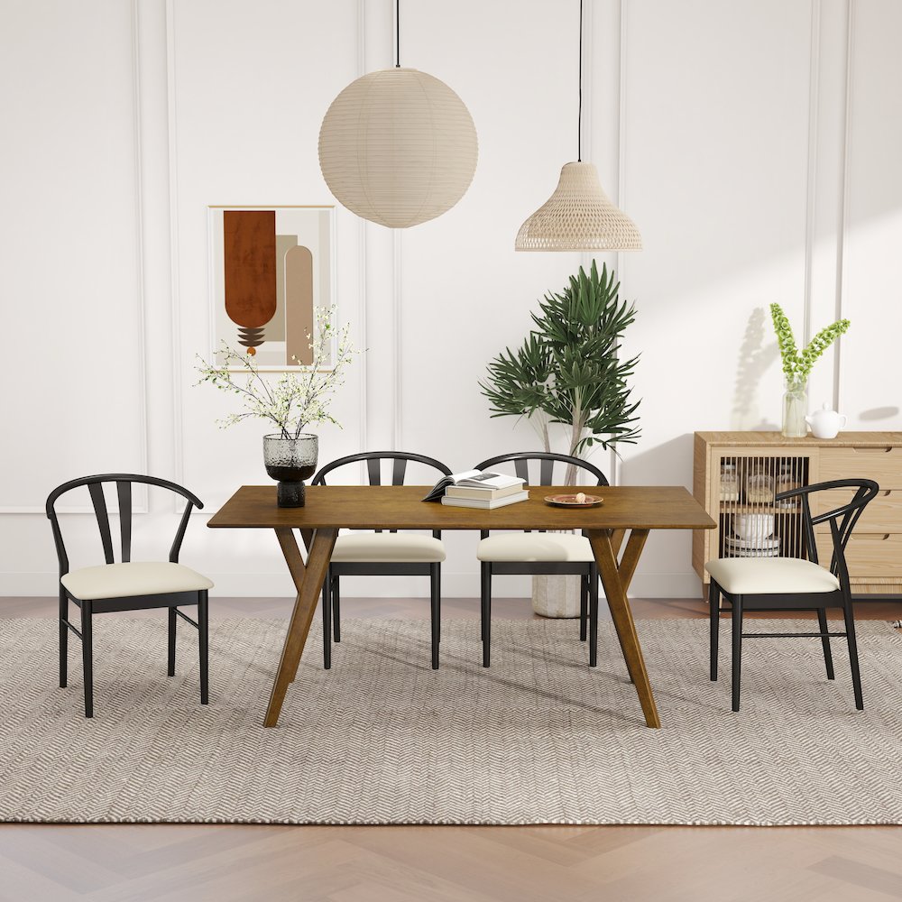 5-Piece Dining Set, Walnut Finished Dining Table with 4 Black Wishbone Chairs. Picture 3