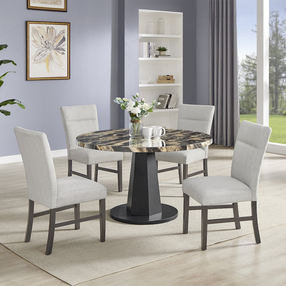 Cavira 5-PC Dining Set, Black and Gold Faux Marble Table with Four Gray Chairs. Picture 2