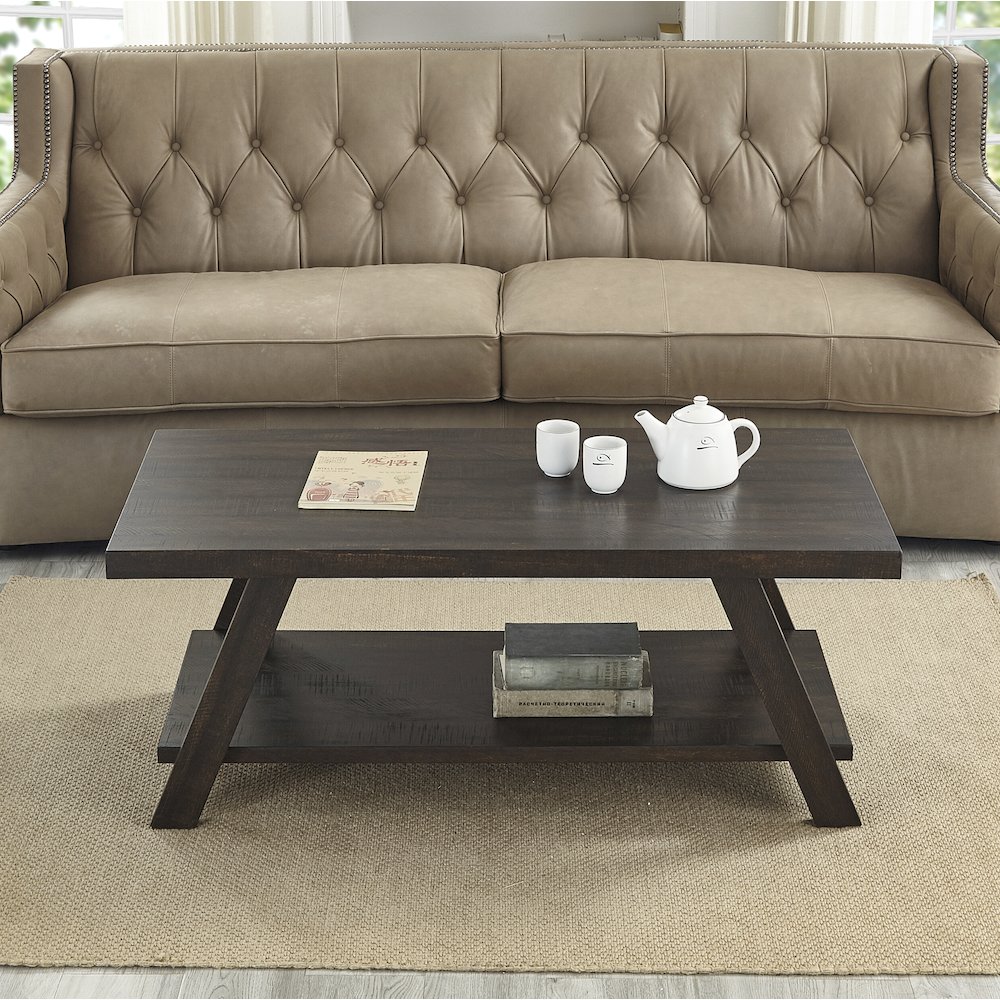 Athens Contemporary Wood Shelf Coffee Table in Weathered Espresso. Picture 2