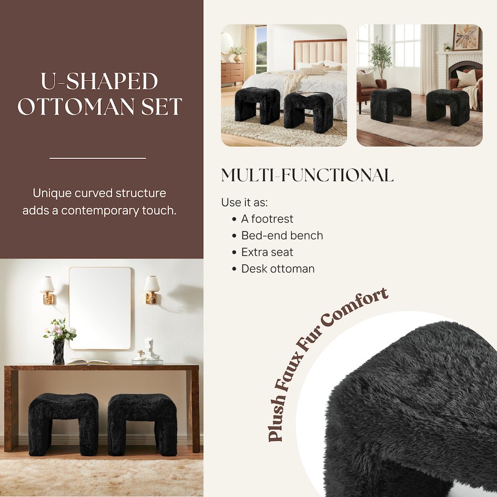 Zorya Contemporary Faux Fur U-Shaped Ottoman, Set of 2, Black. Picture 6