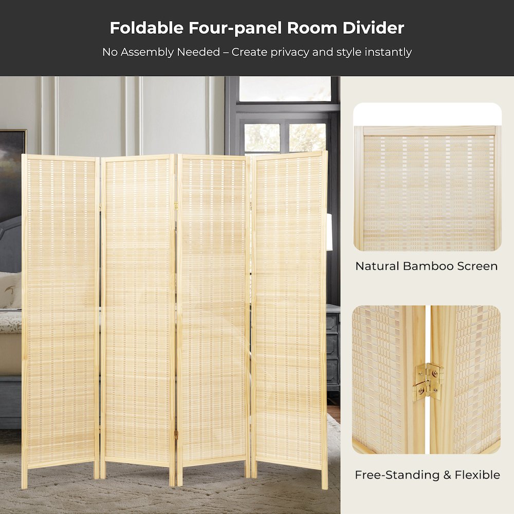 Inkwell 4-Panel Bamboo Room Divider, Folding Screen, Natural with Natural Frame. Picture 5