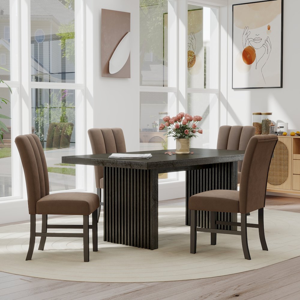 Madison 5-Piece Dining Set, Slat-Fluted Dining Table with 4 Chairs, Chocolate. Picture 2