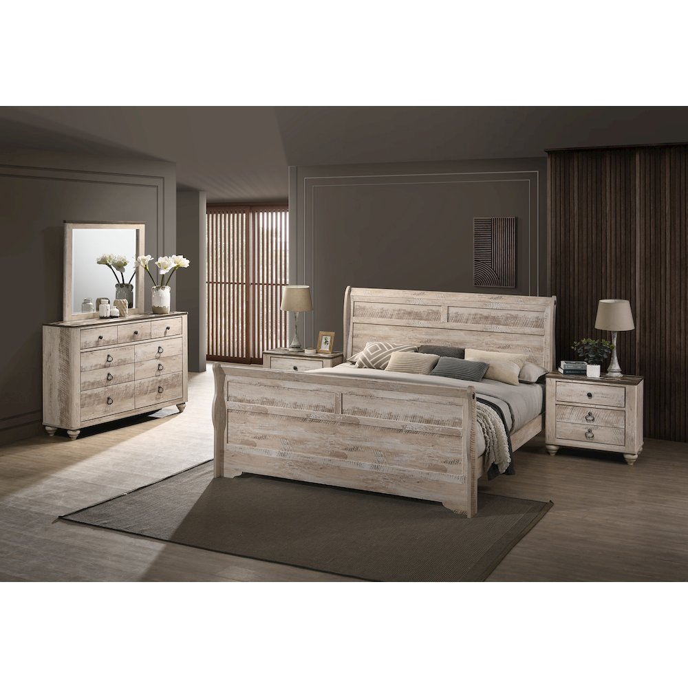 White Wash Finish Bedroom Set with Queen Bed, Dresser, Mirror, Two Nightstands. Picture 2