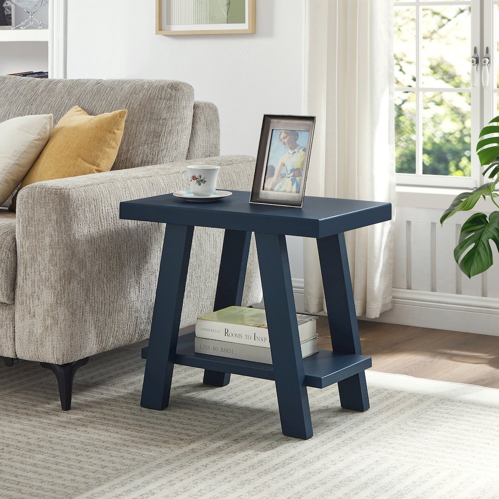 Athens Contemporary Wood Shelf Side Table in Navy Blue. Picture 2