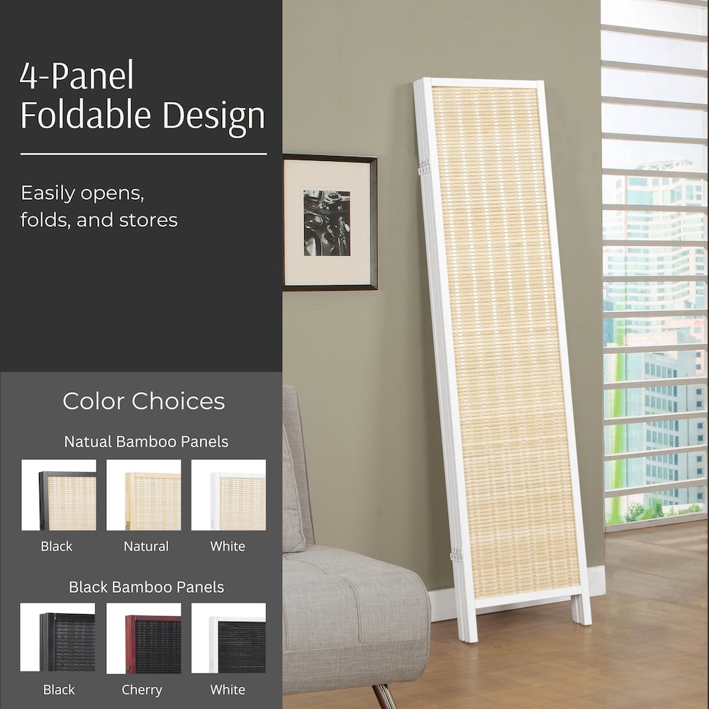 Inkwell 4-Panel Bamboo Room Divider, Folding Screen, Natural with White Frame. Picture 4