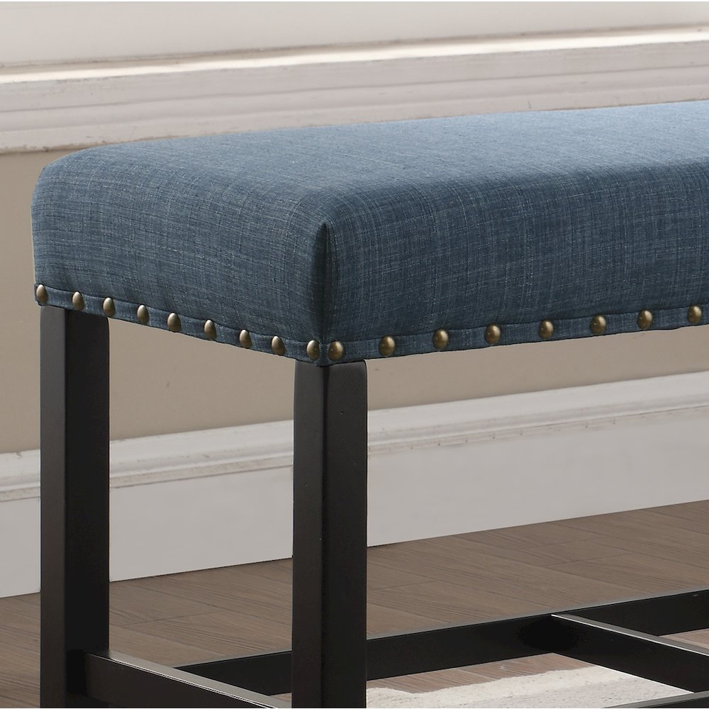 Biony Blue Fabric Counter Height Dining Bench with Nailhead Trim. Picture 5