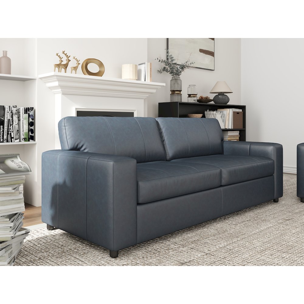 Sakan Leather 3-Pc Living Room Set, Sofa Loveseat and Chair, Blue. Picture 9