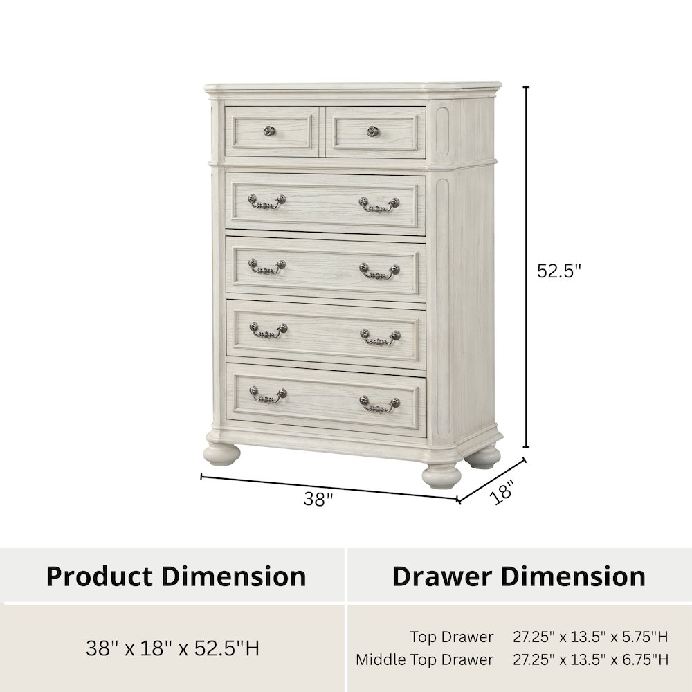 Nelson 5-Drawer Bedroom Chest with Flip-top, Antique White. Picture 14