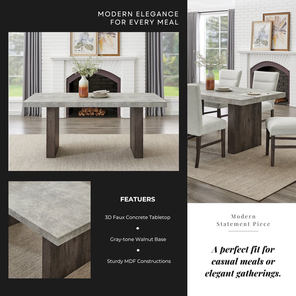 Sorlen 6-PC Dining Set, 3D Faux Concrete Table with 4 Chocolate Chairs and Bench. Picture 9