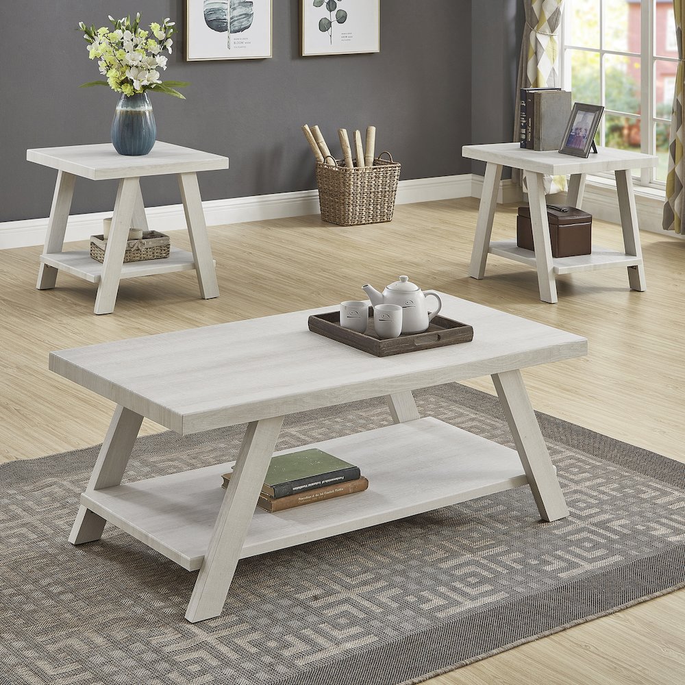 Athens Contemporary Wood Shelf Coffee Table Set in White Finish. Picture 2