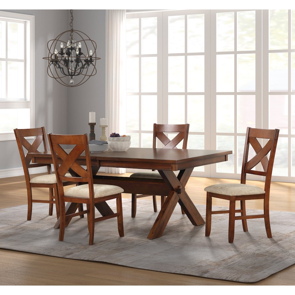 5-Piece Dining Set, Extendable Trestle Dining Table with 4 Chairs, Dark Hazelnut. Picture 2