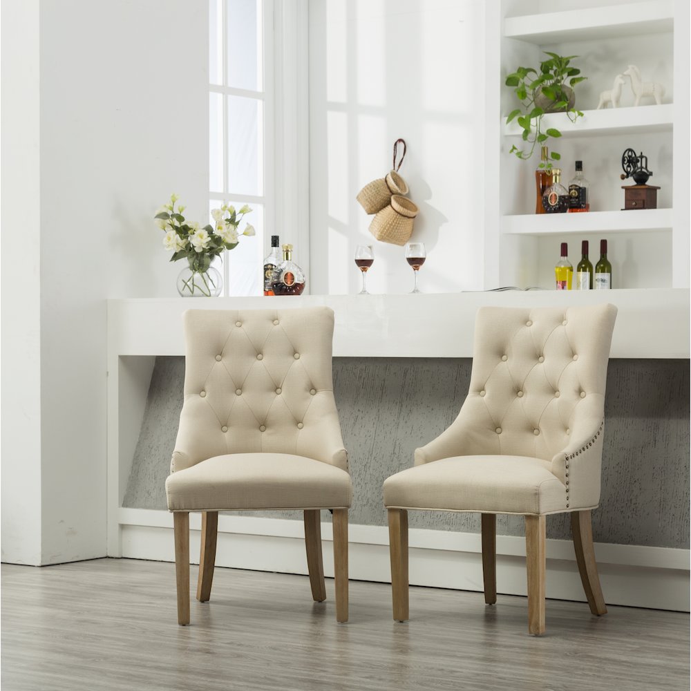 Luna Tan Button Tufted Solid Wood Wingback Chairs with Nail Heads Set of 2. Picture 3