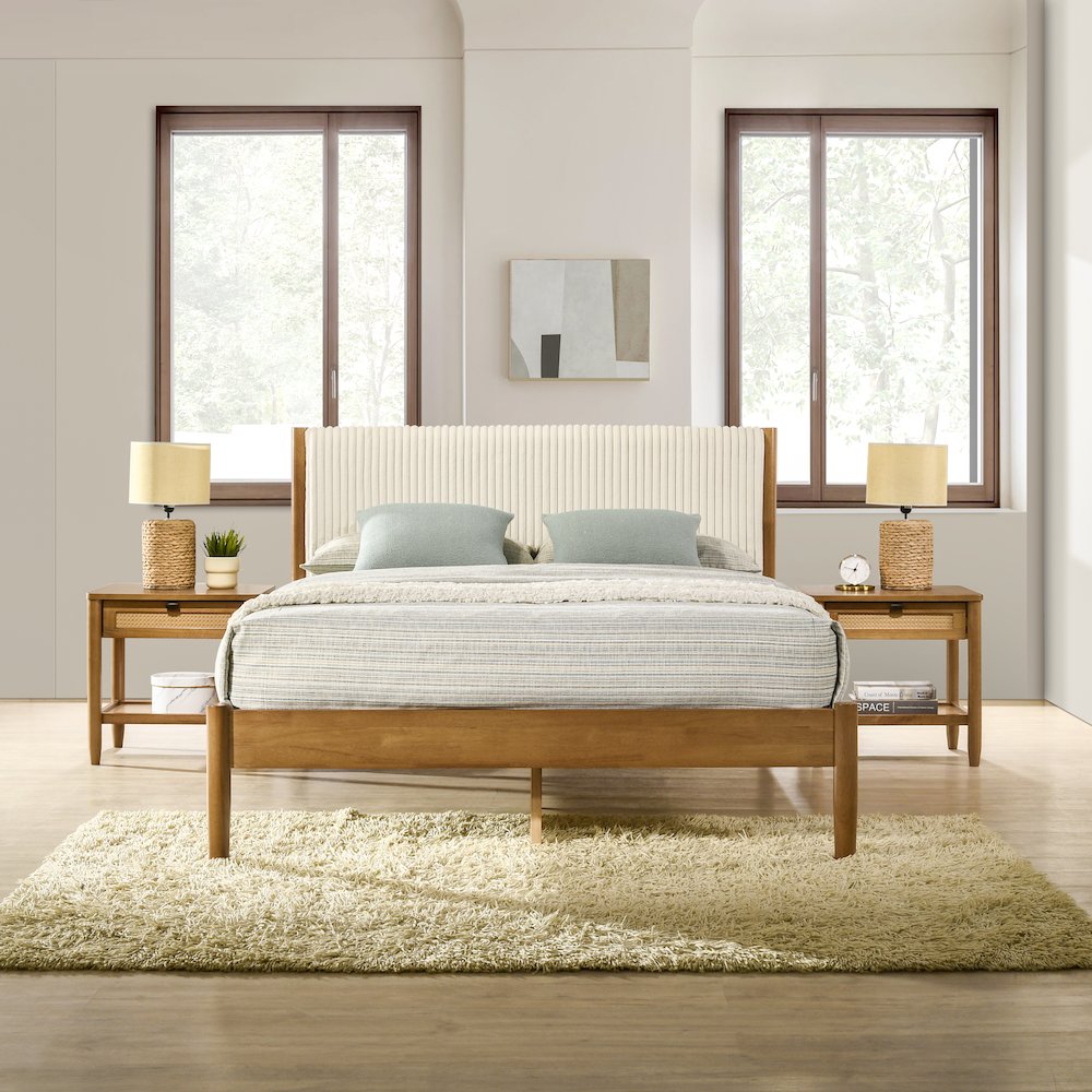 Vichy Rubberwood Bedroom Set with CorduroyUpholstered Queen Bed and 2Nightstands. Picture 2