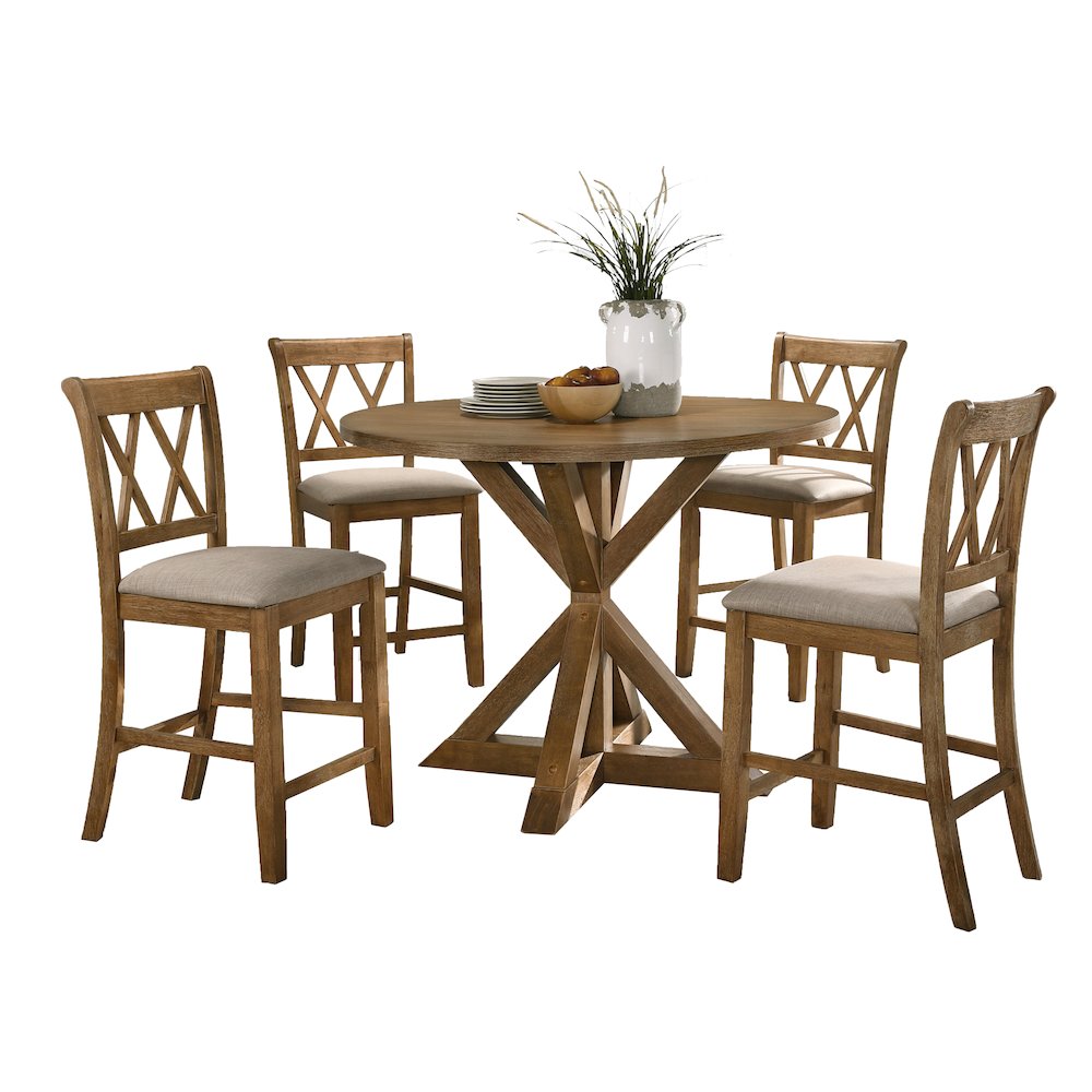 Windvale Cross-Buck Wood 5-Piece Counter Height Dining Set, Tan. Picture 1