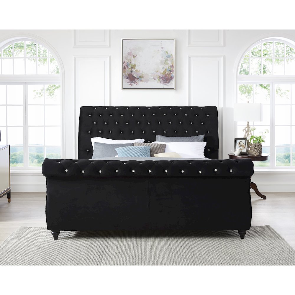 Evora Black Velvet Upholstered Crystal Button Tufted Sleigh Bed, Queen. Picture 3