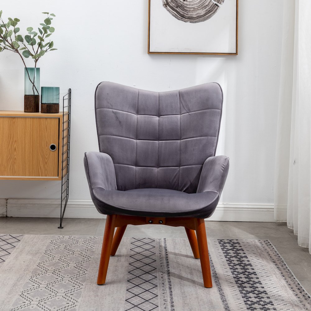Leiria Contemporary Silky Velvet Tufted Accent Chair with Ottoman, Gray. Picture 6