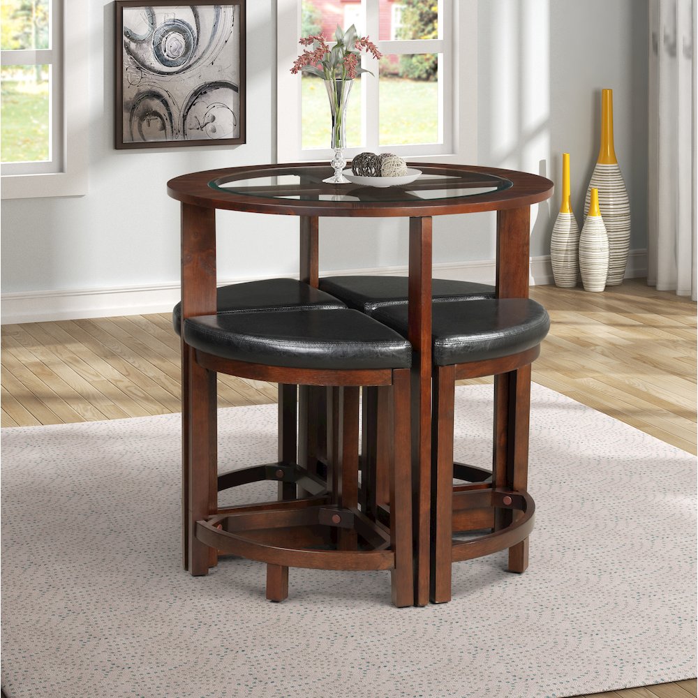 Cylina Solid Wood Glass Top Round Counter Height Table with 4 Stools. Picture 3