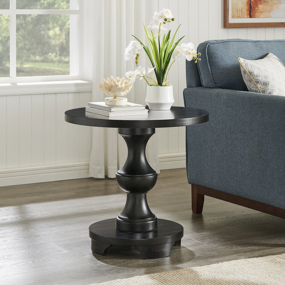 Caesar Traditional Round Pedestal End Table, Black. Picture 2