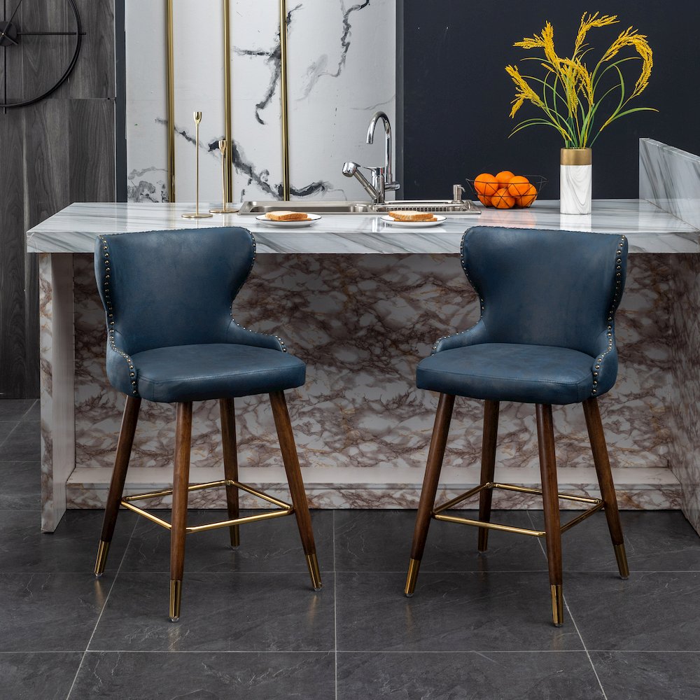 Nevis Modern Faux Leather Tufted Nailhead Trim Counter Stool Set of 2, Blue. Picture 2