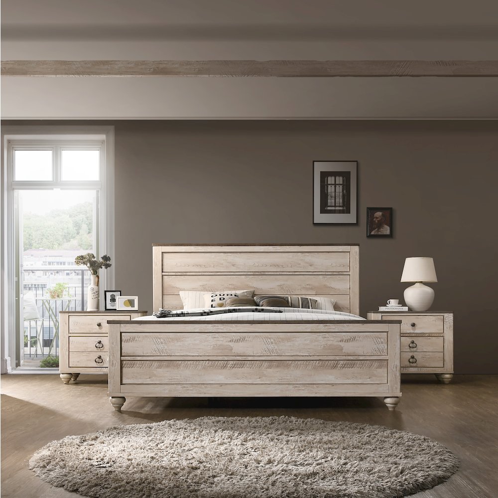 White Wash Finish 3-Piece Bedroom Set-King Bed and Two Nightstands. Picture 2