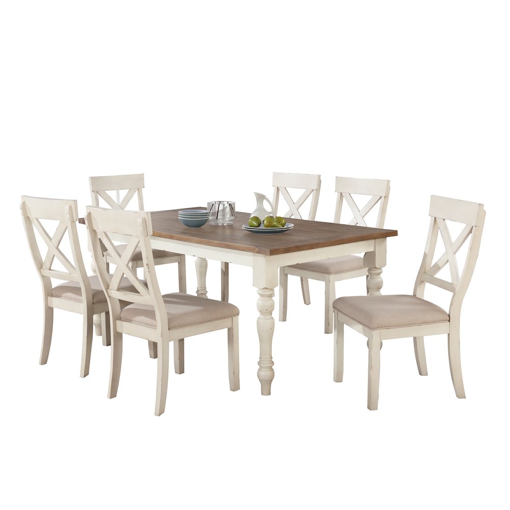 Prato 7-PC Dining Set With Cross Back Chairs, Antique White and Distressed Oak. Picture 1