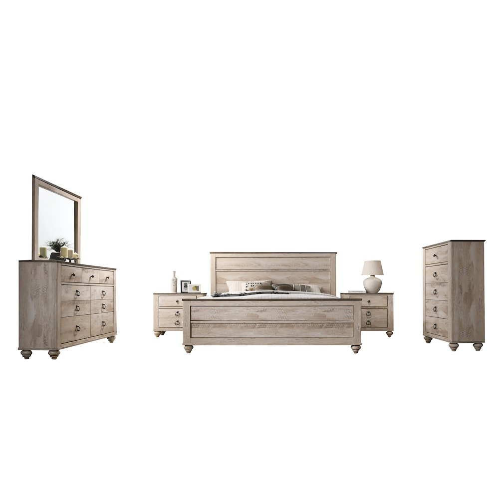White Wash Finish Bedroom Set, King Bed, Dresser, Mirror, 2 Nightstands, Chest. Picture 1