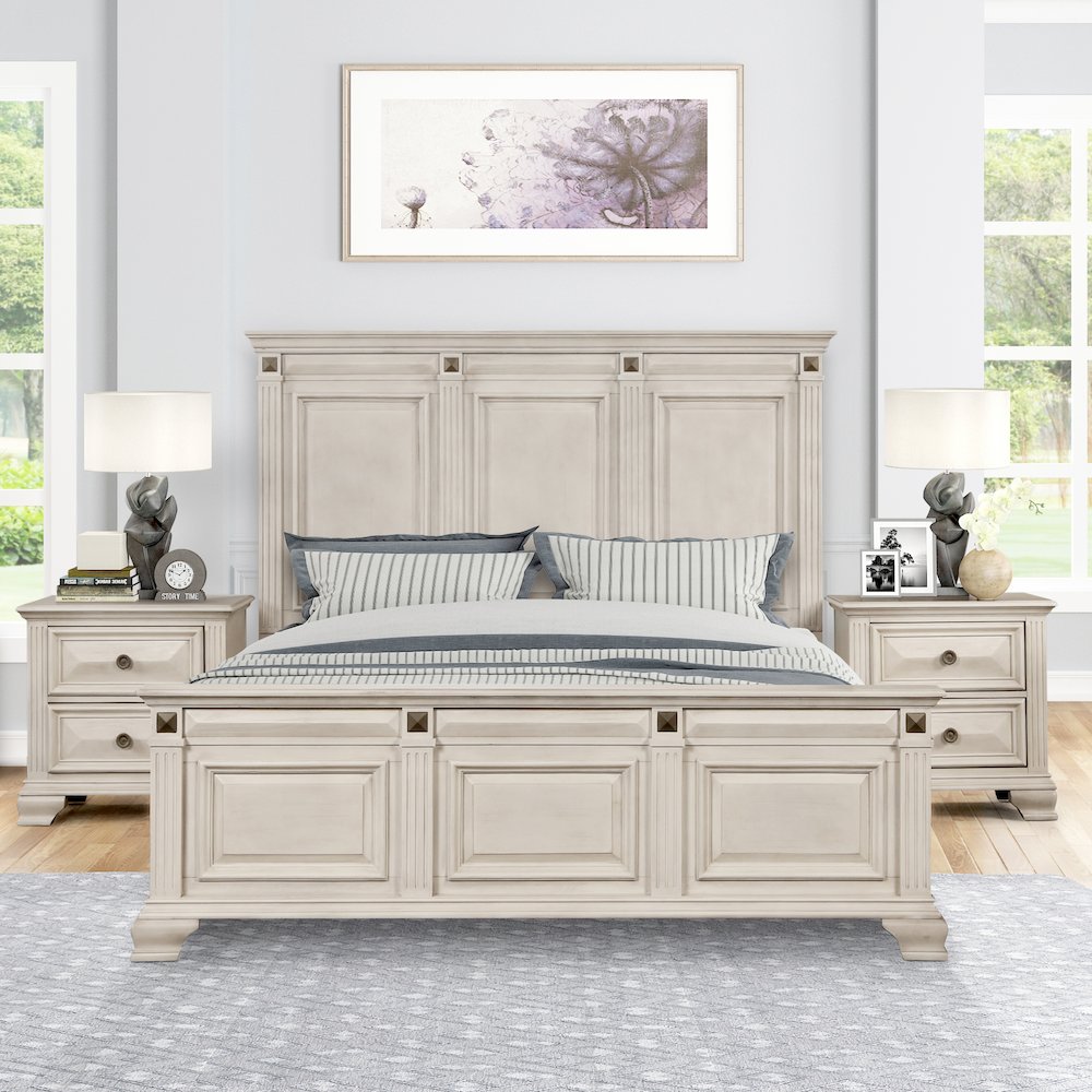 Renova 3-Piece Distressed Parchment Bedroom Set, King Bed with 2 Nightstands. Picture 2