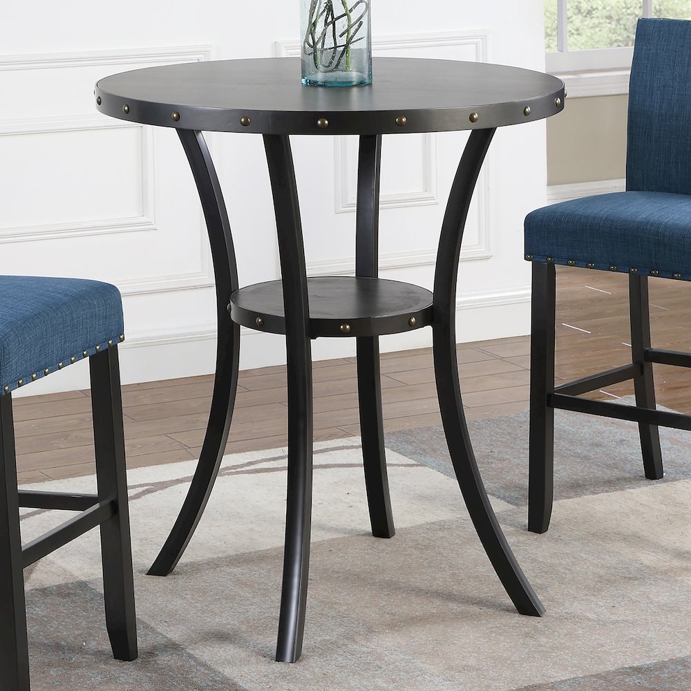 Biony 3-Pc 36" Round Espresso Finish Bar Table with 2 Blue Pub Chairs. Picture 4