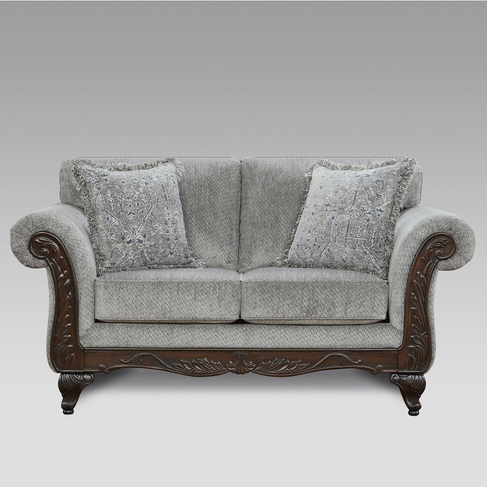 Hernen Carved Wood Frame Gray Loveseat. Picture 2