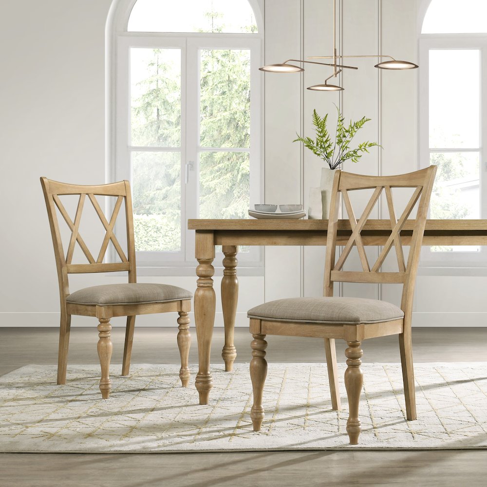 Verta 6-PC Dining Table with 4 Cross Back Chairs and Bench, Light Oak Finish. Picture 10