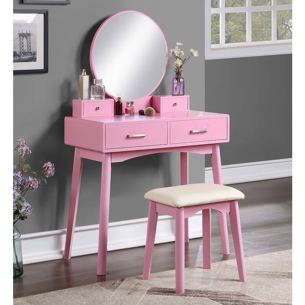 Liannon Contemporary Wood Vanity and Stool Set, Pink. Picture 2