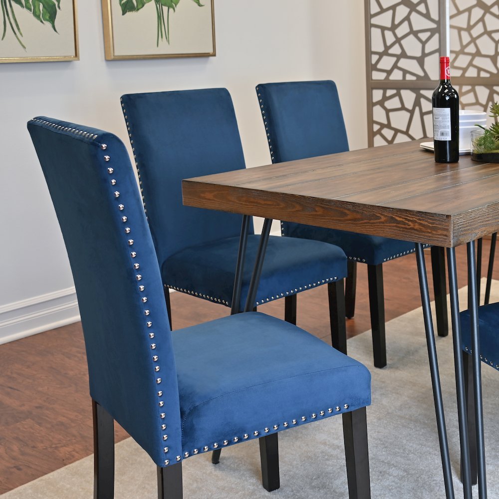 Ashzo 6-Pc Dining Set, Hairpin Dining Table with 4 Chairs and Bench, Blue. Picture 9