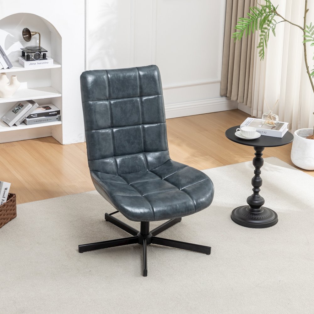 Arlena Faux Leather Tufted Swivel Accent Chair, Blue. Picture 9
