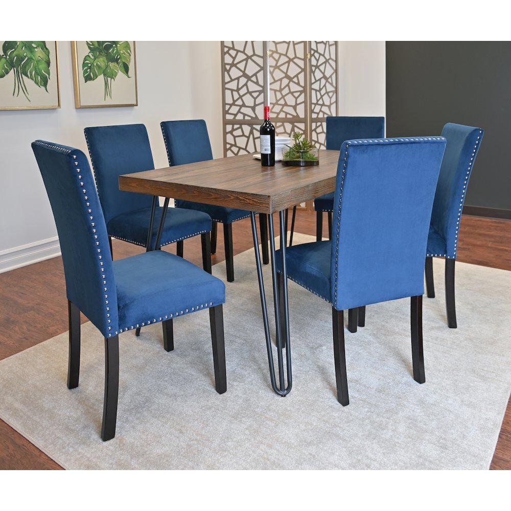 Ashzo 7-Pc Dining Set, Hairpin Dining Table with 6 Chairs, Blue. Picture 3