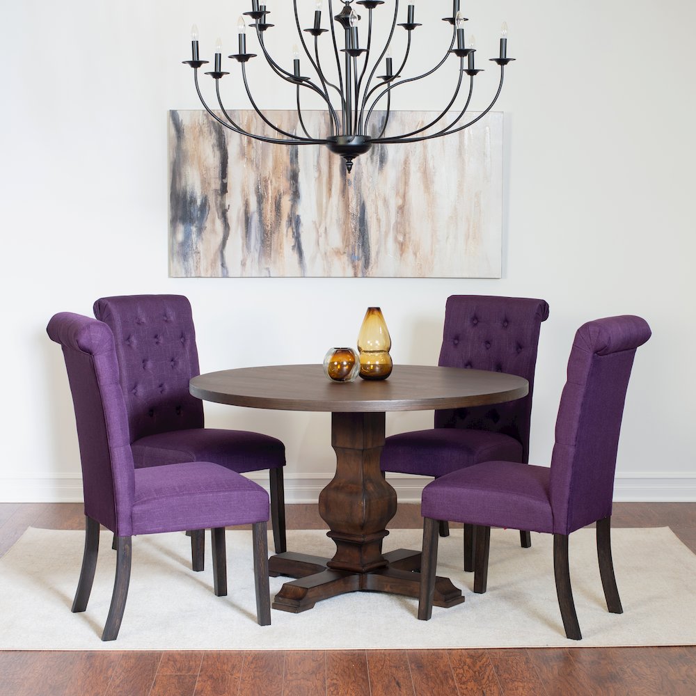 Kerbau 5-Pc Dining Set, Pedestal Round Table with 4 Stylish Chairs, Purple. Picture 2
