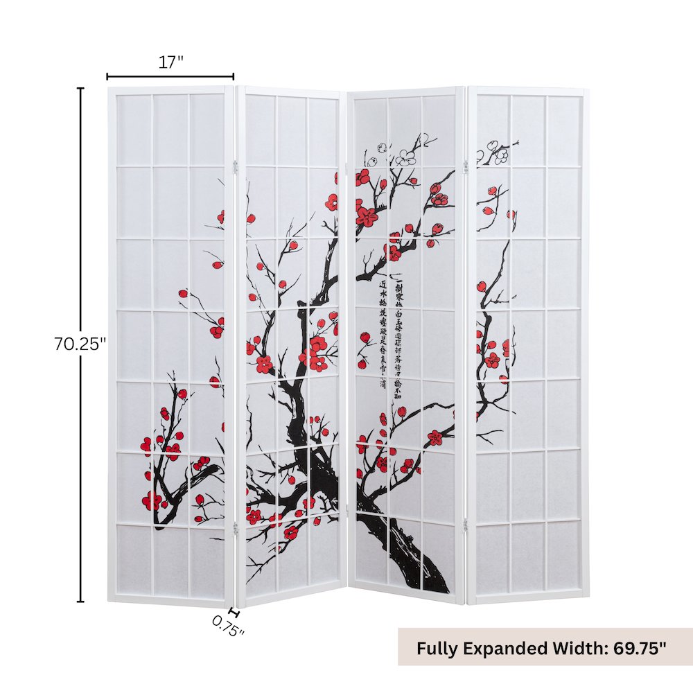 Elandra 4-Panel Room Divider, Plum Blossom Print, Privacy Screen, White. Picture 6
