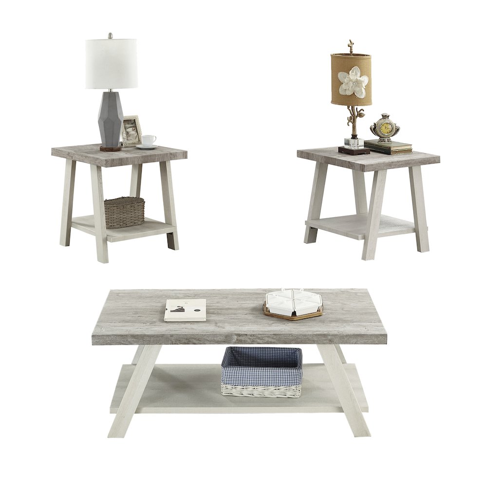 Athens Contemporary 3Pc Wood Shelf Coffee Table Set in Weathered Gray/Beige. Picture 1
