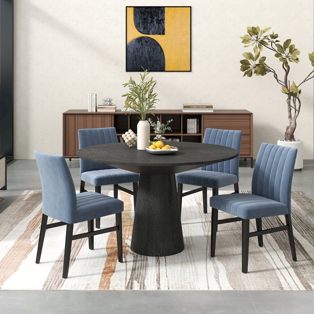 Butler 5-Piece Round Dining Set, Pedestal Dining Table with 4 Side Chairs, Blue. Picture 2